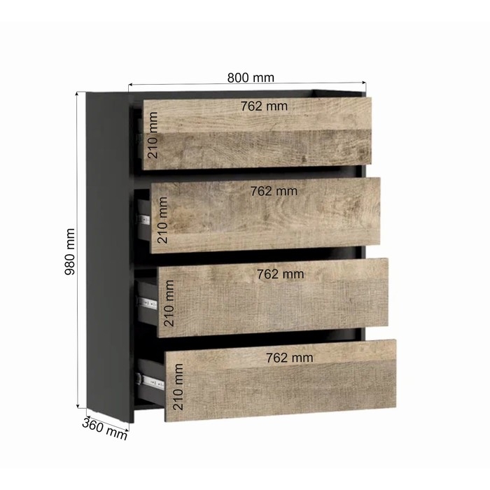 Комод с 4 ящиками Денвер, 800х360х980, Графит/Дуб гранж