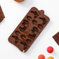Форма для конфет и шоколада Доляна &laquo;Зайцы, утки и яйца&raquo;, силикон, 22&times;10,2&times;1,4 см, 14 ячеек, цвет коричневый