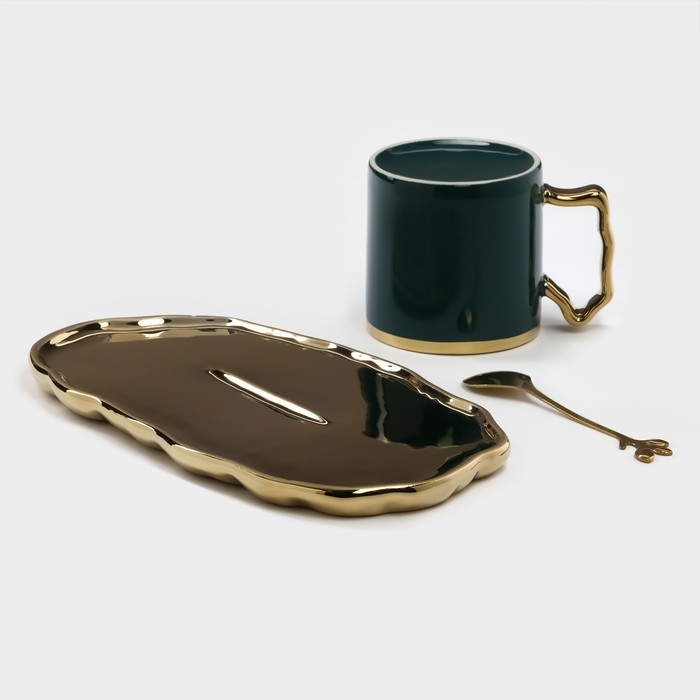 Чайная пара керамическая &laquo;Роскошь&raquo;, 3 предмета: кружка 250 мл, блюдце 23,5&times;13 см, ложка, цвет зелёный