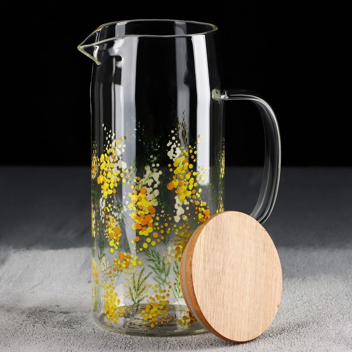 Кувшин стеклянный с бамбуковой крышкой &laquo;Нежная мимоза&raquo;, 1000 мл, с крышкой