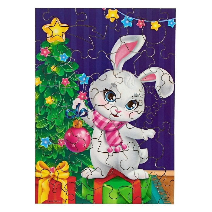 Деревянный пазл фигурный &laquo;Новый год! Поздравление от зайки&raquo;