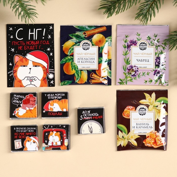 Подарочный набор &laquo;Кот&raquo;: чай ассорти 5,4 г ( 3 шт. х 1,8 г)., молочный шоколад 25 г (5 шт. х 5 г)., открытка