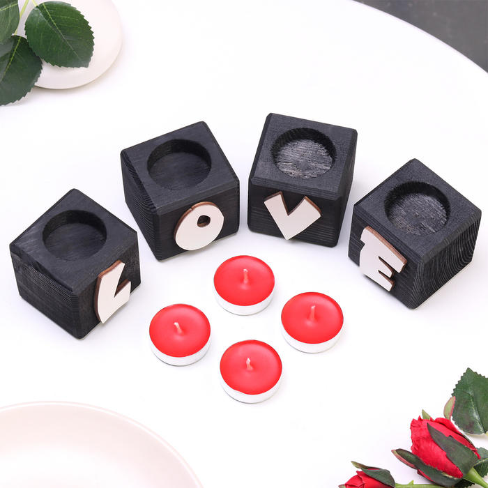 Подсвечник для интерьера 4 шт с надписью LOVE, цвет: Подсвечник для интерьера 4 шт с надписью LOVE, цвет: "Эбен", аромат: клубника