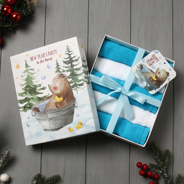 Набор махровых полотенец Этель Набор махровых полотенец Этель "Мишка в лесу" 30х30 см -5шт, 100% хл, 340гр/м2