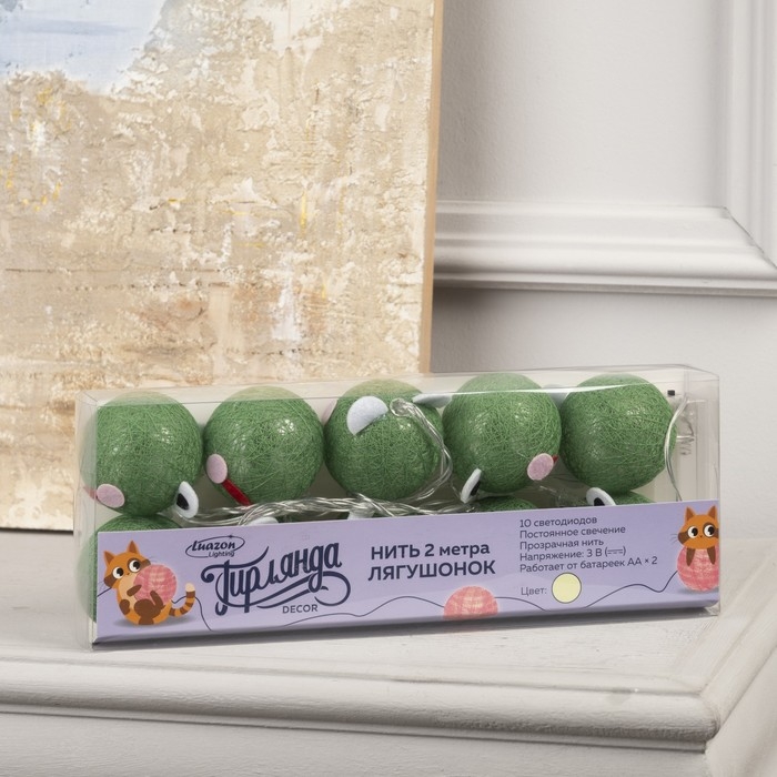 Гирлянда «Нить» 2 м с насадками «Лягушонок», IP20, прозрачная нить, 10 LED, батарейки AAх2 (нет в комплекте), свечение тёплое белое Гирлянда «Нить» 2 м с насадками «Лягушонок», IP20, прозрачная нить, 10 LED, батарейки AAх2 (нет в комплекте), свечение тёплое белое