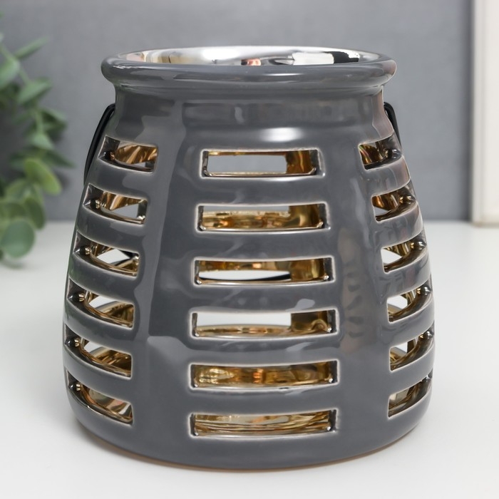 Подсвечник керамика на 1 свечу "Фонарь. Полосы" внутри золото МИКС 11,5х11,5х11 см