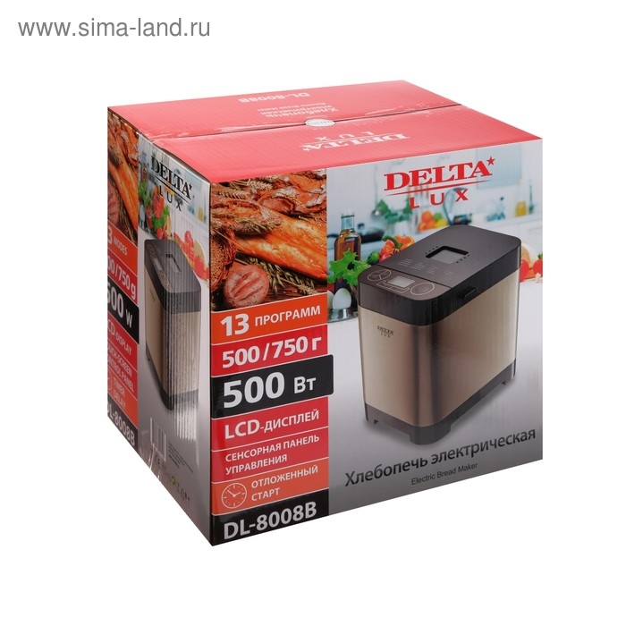 Хлебопечка DELTA LUX DL-8008В, 500 Вт, 13 программ, ускоренная выпечка, таймер, золотистая Хлебопечка DELTA LUX DL-8008В, 500 Вт, 13 программ, ускоренная выпечка, таймер, золотистая