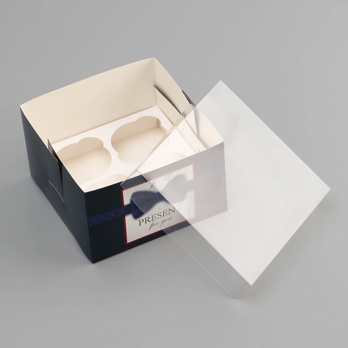 Коробка для 4 капкейка с прозрачной крышкой, Коробка для 4 капкейка с прозрачной крышкой, "Мужской дляарок", 16 × 16 × 10 см, кондитерская упаковка