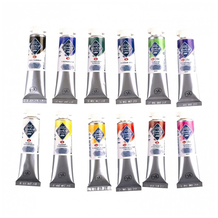 Краски темперные, набор 12 цветов х 18 мл, ЗХК "Мастер Класс" Колористика. Яркая палитра, 16412282