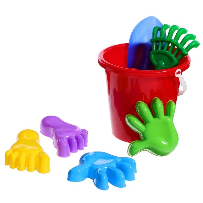 Набор для игры в песке №20: ведро большое, совок, грабли, 4 формочки Набор для игры в песке №20: ведро большое, совок, грабли, 4 формочки