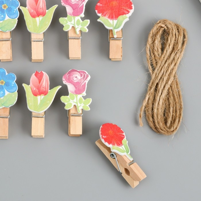 Декор для творчества дерево Декор для творчества дерево "Прищепка. Цветочки" набор 10 шт 4х2,3х1,2 см