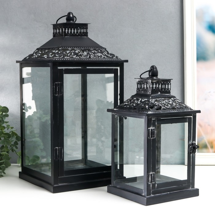 Подсвечник металл, стекло Подсвечник металл, стекло "Этна" чёрный набор 2 шт 19х19х39 см, 14х14х27 см