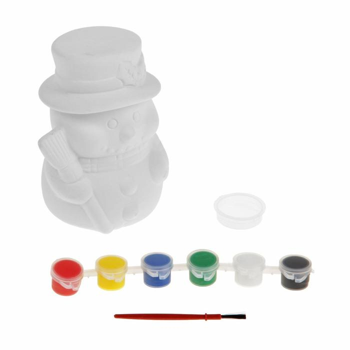 Роспись по керамике &mdash; копилка &laquo;Снеговик с метлой&raquo; + краски 6 цветов по 3 мл, кисть