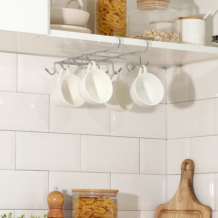 Держатель для кружек подвесной на 8 предметов Доляна, 27,5×20×7,5 см, на толщину полки 3,5 см, цвет хром Держатель для кружек подвесной на 8 предметов Доляна, 27,5×20×7,5 см, на толщину полки 3,5 см, цвет хром