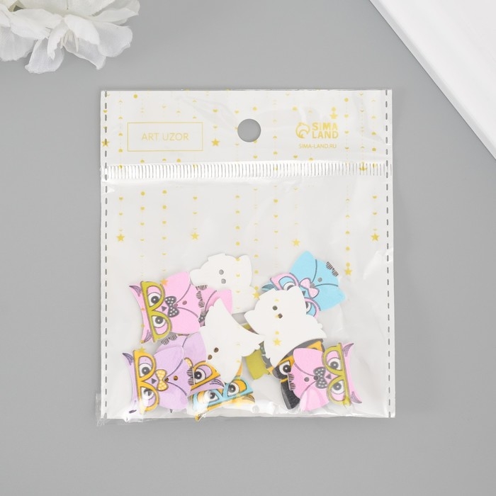 Пуговицы дерево для творчества 2 прокола "Филин в очках" набор 12 шт 2х2,3 см