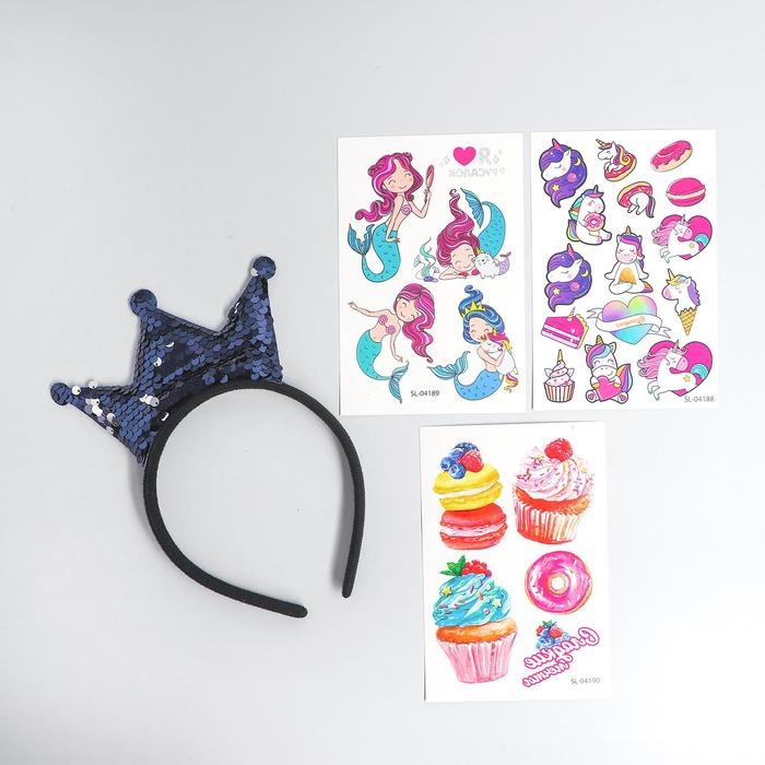 Набор детских татуировок «Милая русалочка», тату — 25 шт., с ободком, 3+ Набор детских татуировок «Милая русалочка», тату — 25 шт., с ободком, 3+