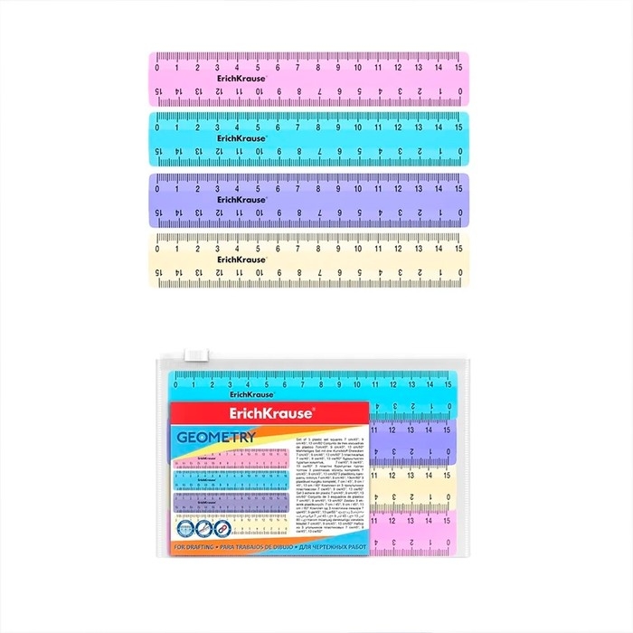 Набор линеек 4 штуки, 15 см, ErichKrause Набор линеек 4 штуки, 15 см, ErichKrause "Pastel", МИКС, zip-пакет в ПОДАРОК!
