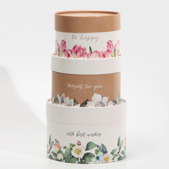Набор шляпных коробок 3 в 1, упаковка подарочная, &laquo;Цветочный&raquo;, 16 х 10, 14 х 9, 13 х 8,5 см