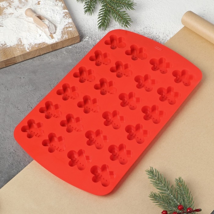 Форма для выпечки новогодняя Доляна «Пряничный человек», силикон, 32,5×21×1,5 см, 24 ячейки, цвет красный Форма для выпечки новогодняя Доляна «Пряничный человек», силикон, 32,5×21×1,5 см, 24 ячейки, цвет красный
