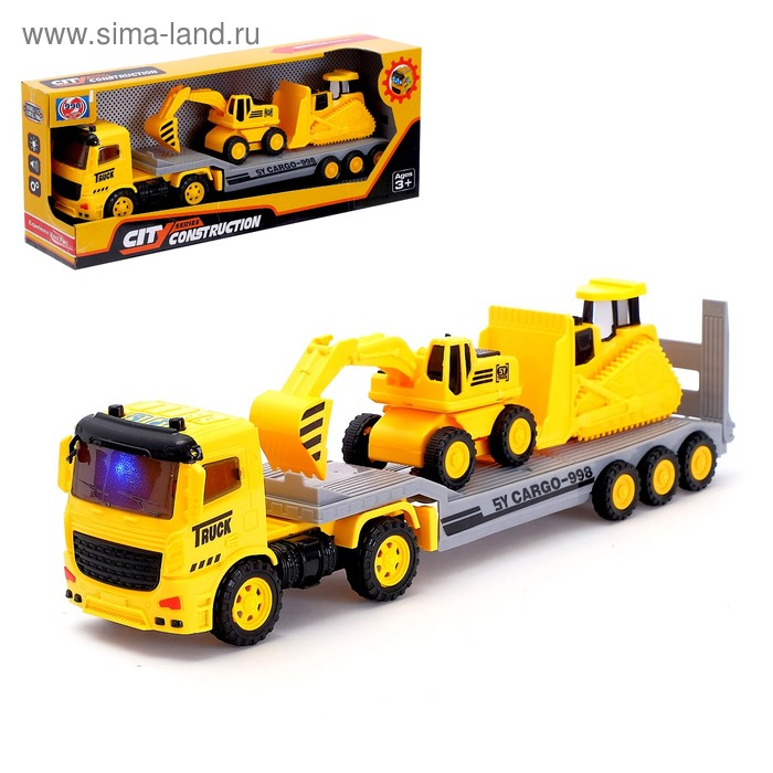 Грузовик инерционный «Трейлер» с спецтехникой, световые эффекты, МИКС Грузовик инерционный «Трейлер» с спецтехникой, световые эффекты, МИКС