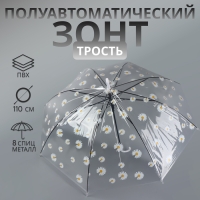 Зонт - трость полуавтоматический &laquo;Ромашка&raquo;, 8 спиц, R = 45/55 см, D = 110 см, цвет прозрачный/белый