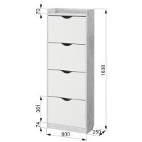 Обувница 64Б, 600х250х1620, Белое сияние/Цемент светлый