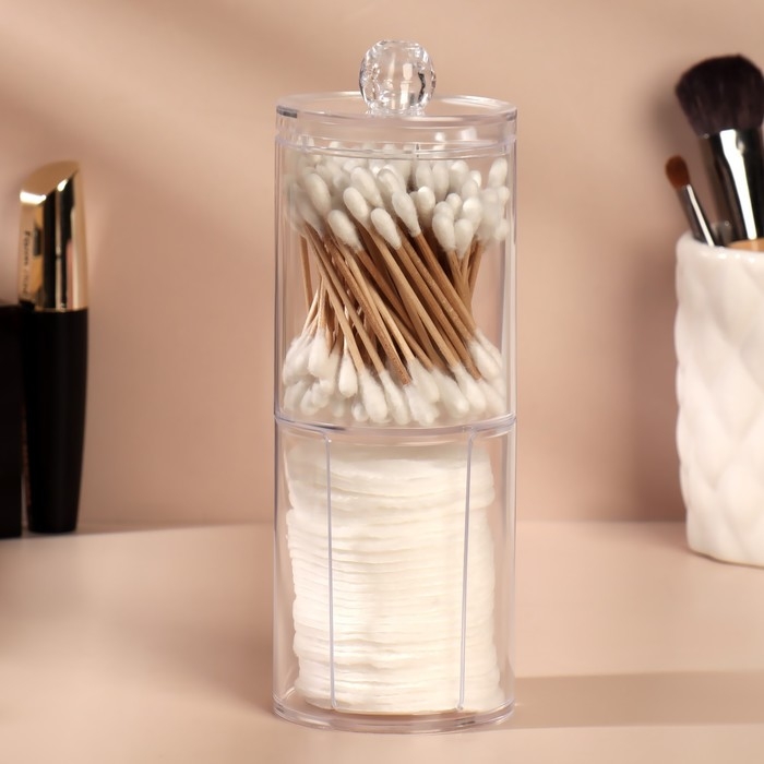 Органайзер для ватных палочек и дисков, с крышкой, 2 съёмные секции, 6,7 &times; 19 см, в картонной коробке, цвет прозрачный