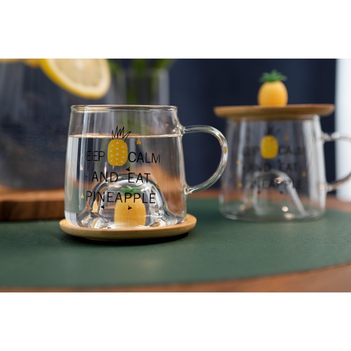 Кружка стеклянная с деревянной крышкой «Ананасик», 300 мл Кружка стеклянная с деревянной крышкой «Ананасик», 300 мл