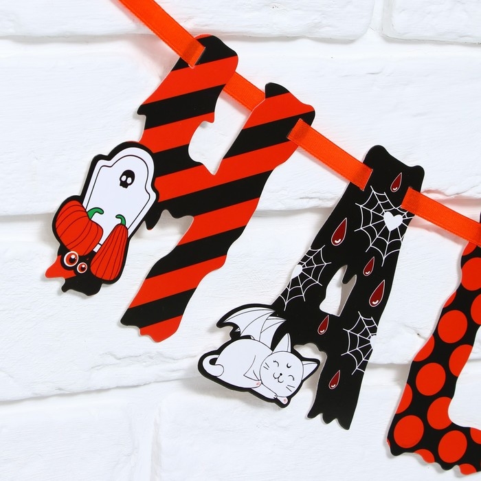 Гирлянда на ленте на Хэллоуин &laquo;Happy Halloween&raquo;, кошка-вампир, длина 250 см.