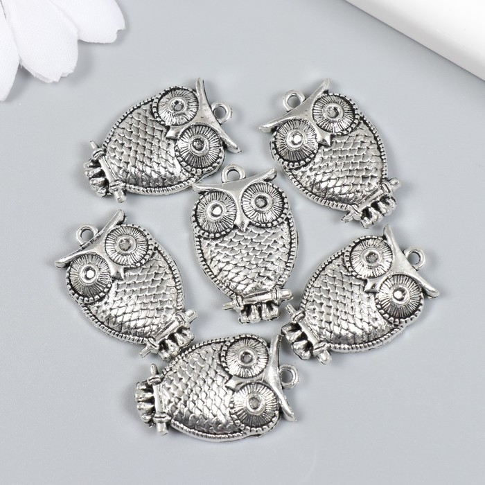 Декор для творчества металл "Филин на ветке" набор 6 шт серебро 1,8х2,9 см