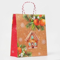 Новый год. Пакет бумажный подарочный новогодний крафт "Пряничный домик" 18 х 22,3 х 10 см.