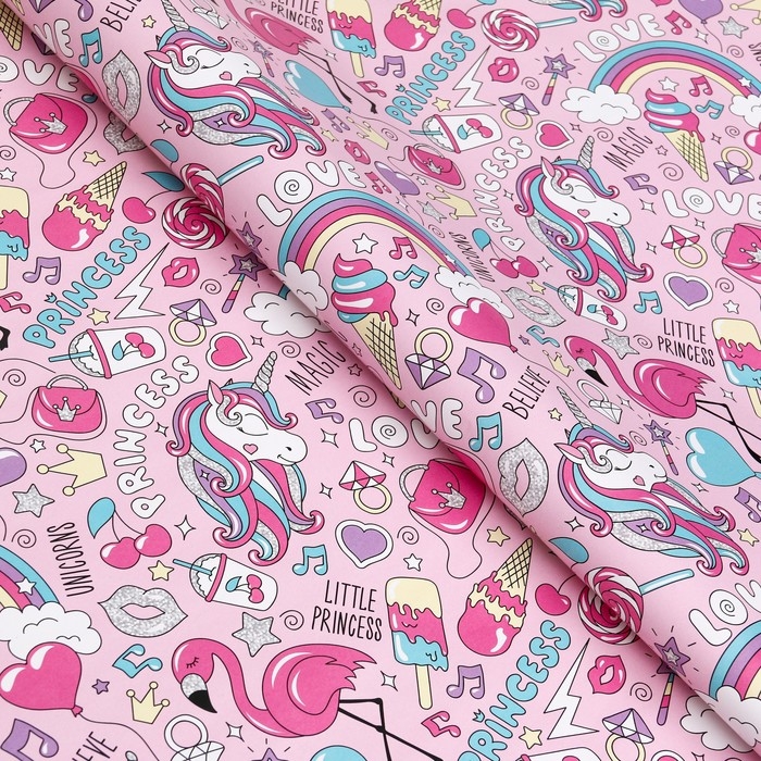 Бумага упаковочная глянцевая &laquo;Единороги&raquo;, 70 х 100 см, 1 лист