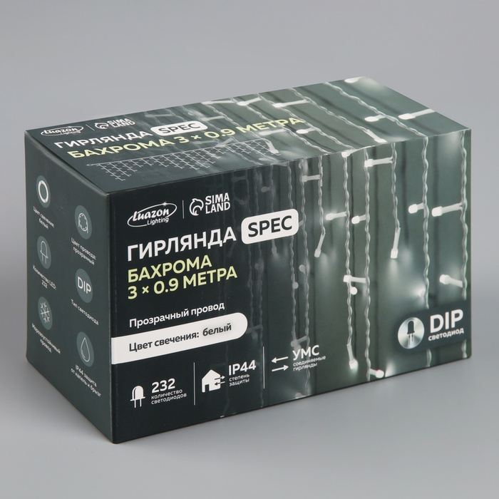 Гирлянда &laquo;Бахрома&raquo; 3 &times; 0.9 м, IP44, УМС, прозрачная нить, 232 LED, свечение белое, 220 В