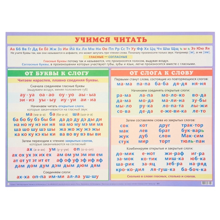 Плакат &laquo;Учимся читать&raquo; картон, 44,5 &times; 60 см