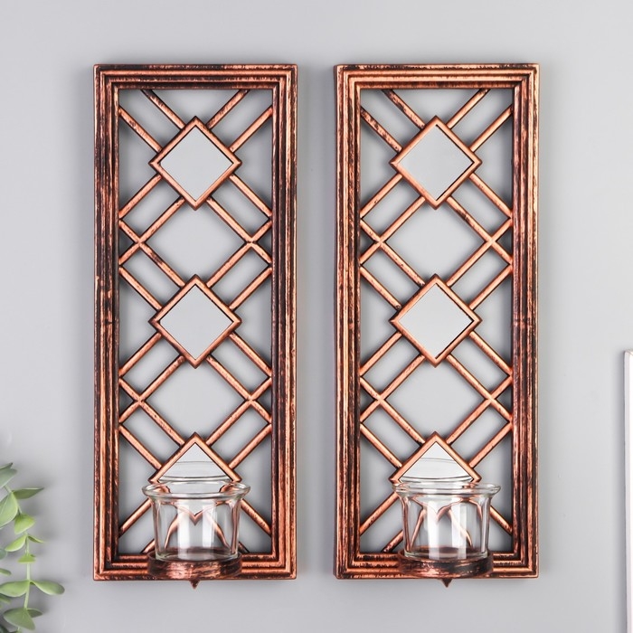 Подсвечник пластик, стекло на 1 свечу "Зеркальные ромбы" н-р 2 шт d-4 см золото 8х12х30,5 см   90688