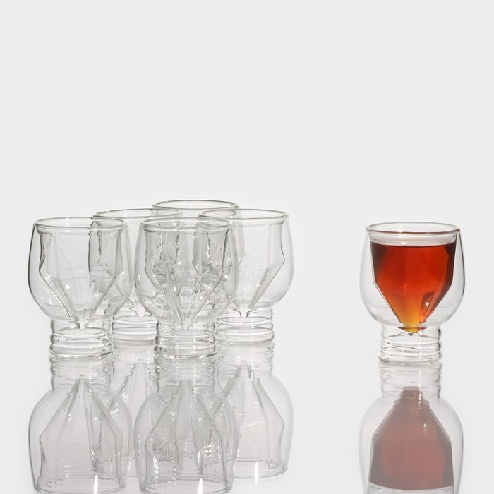 Набор стеклянных стопок - шотов с двойными стенками «Алмаз», 100 мл, 6 шт Набор стеклянных стопок - шотов с двойными стенками «Алмаз», 100 мл, 6 шт