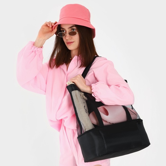 Сумка - шопер пляжная c термо-карманом , 42х37х15 см, чёрный цвет Сумка - шопер пляжная c термо-карманом , 42х37х15 см, чёрный цвет