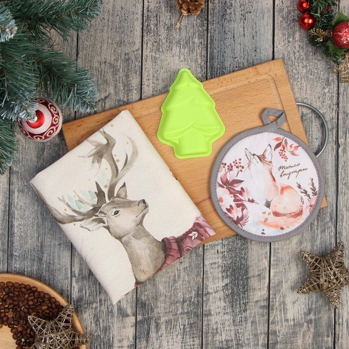 Новый год. Набор подарочный Этель "Тепло внутри": кух.полотенце 40х73см, прихватка 17х17см; хлопок 100%