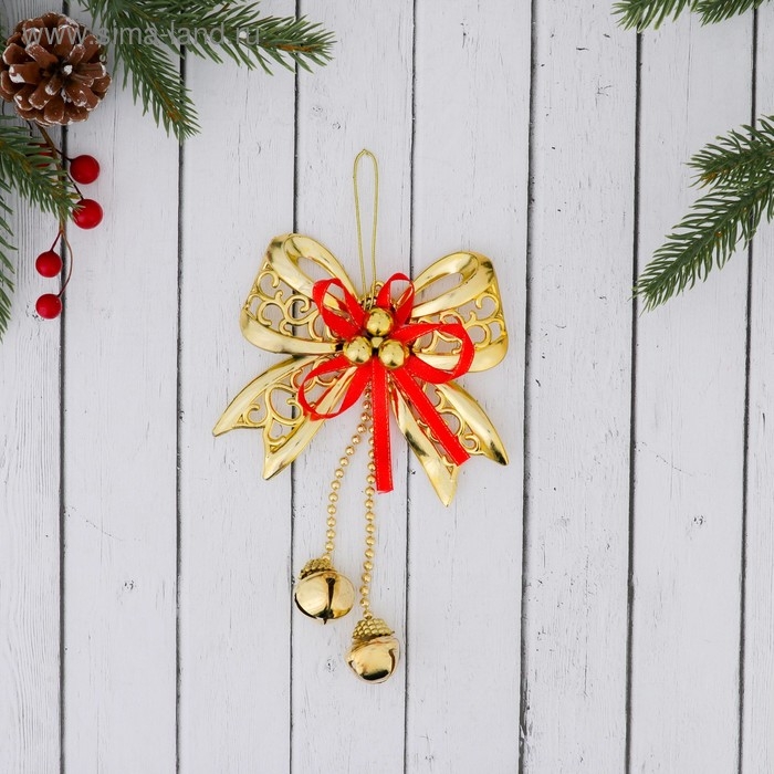 Ёлочная игрушка &laquo;Зимнее волшебство. Бантик с бубенчиками&raquo; пластик, 11,5х10 см, золотисто-красный