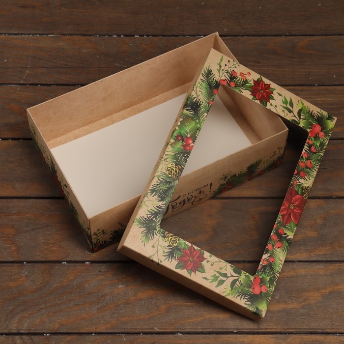 Новый год. Коробка подарочная новогодняя складная, крышка-дно , с окном "С Новым Годом и новым счастьем" 30 х 20 х 9 см