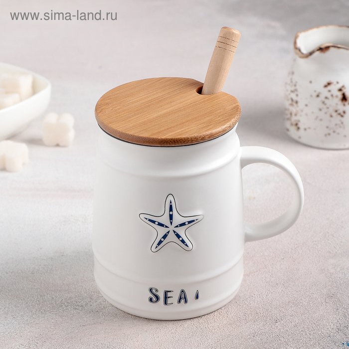 Кружка керамическая с деревянной крышкой и ложкой &laquo;Морская&raquo;, 400 мл, рисунок МИКС