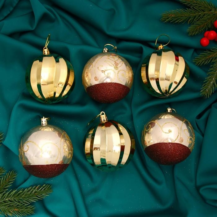 Набор шаров пластик d-8 см, 6 шт "Гелиан полосы" золотисто-коричневый