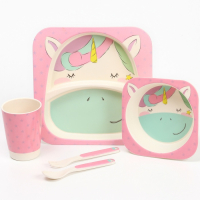 Набор бамбуковой посуды &laquo;Единорожка&raquo;, тарелка, миска, стакан, приборы, 5 предметов
