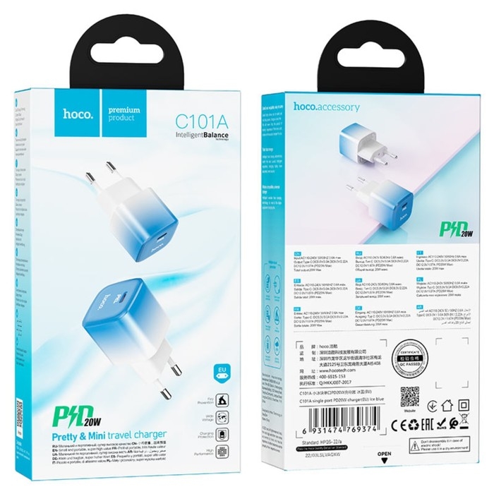 Сетевое зарядное устройство Hoco C101A, 1 Type-C, 20 Вт, PD + QC, синий