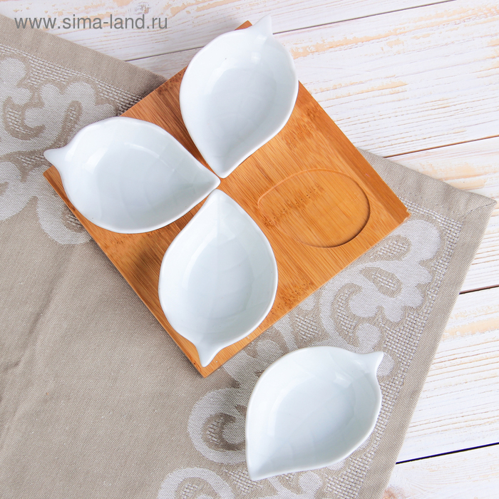 Набор салатников керамических на деревянной подставке &laquo;Эстет. Лист&raquo;, 4 предмета: 50 мл, цвет белый