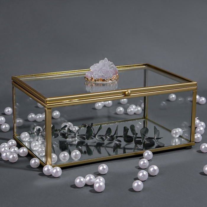 Органайзер для хранения &laquo;MOUNTAINS&raquo;, с крышкой, стеклянный, с зеркальным дном, 1 секция, 17 &times; 10,5 &times; 7 см, цвет прозрачный/медный