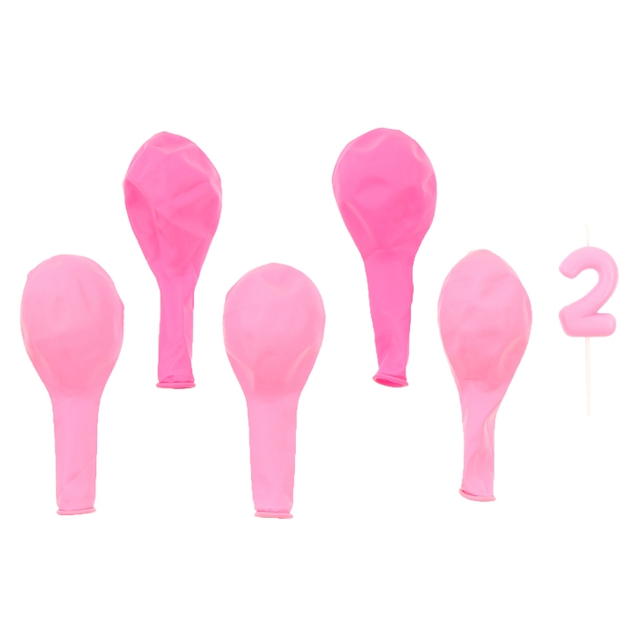 Свечи для торта + 5 шаров, цифра 2, розовая Свечи для торта + 5 шаров, цифра 2, розовая