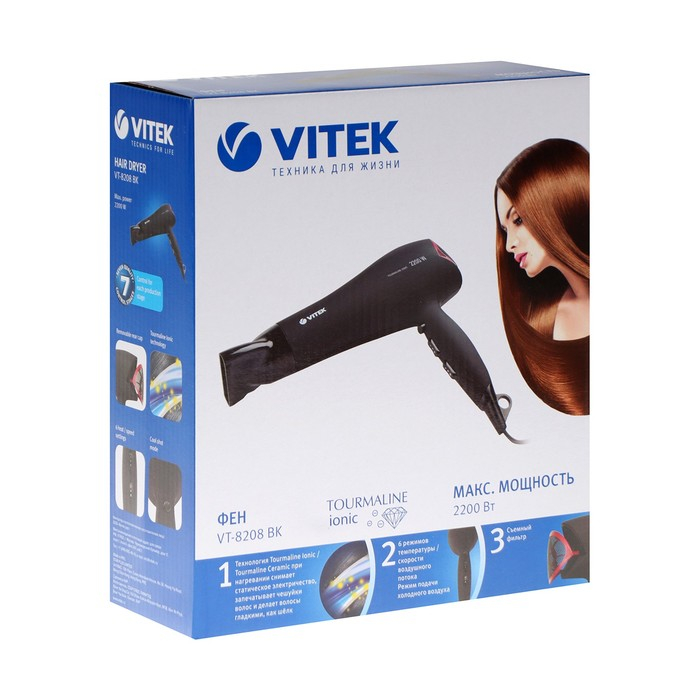 Фен Vitek VT-8208 BK, 2200 Вт, 3 режимов, 3 скорости, ионизация, чёрный Фен Vitek VT-8208 BK, 2200 Вт, 3 режимов, 3 скорости, ионизация, чёрный