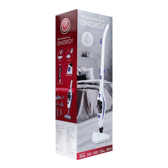 Паровая швабра Energy EN-644, 1500 Вт, 350 мл, шнур 5 м, бело-синяя Паровая швабра Energy EN-644, 1500 Вт, 350 мл, шнур 5 м, бело-синяя