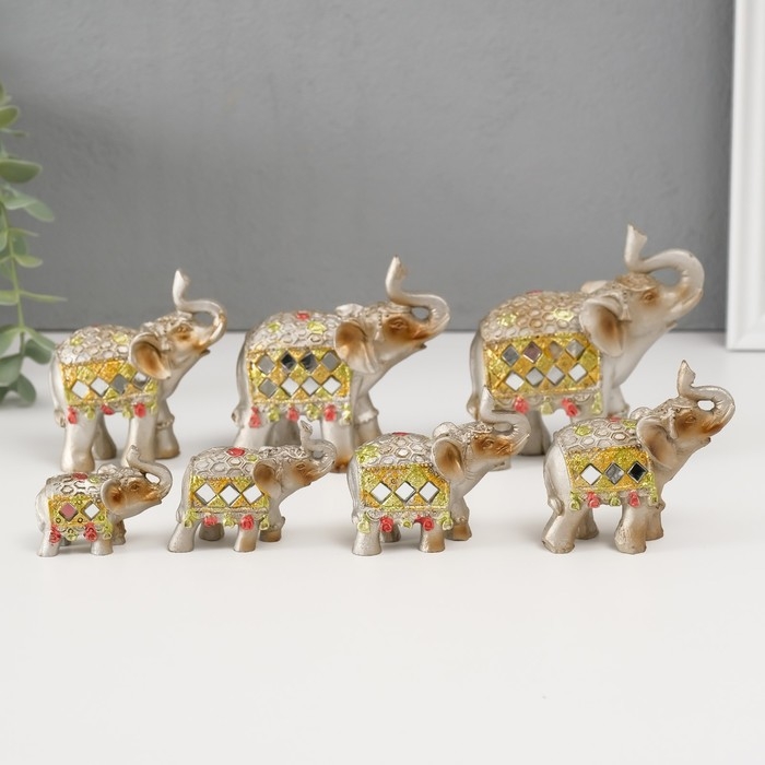 Сувенир полистоун зеркальные вставки (набор 7 шт) "Стадо слонов"11, 10, 8,5, 8, 7, 6,3;5,3см